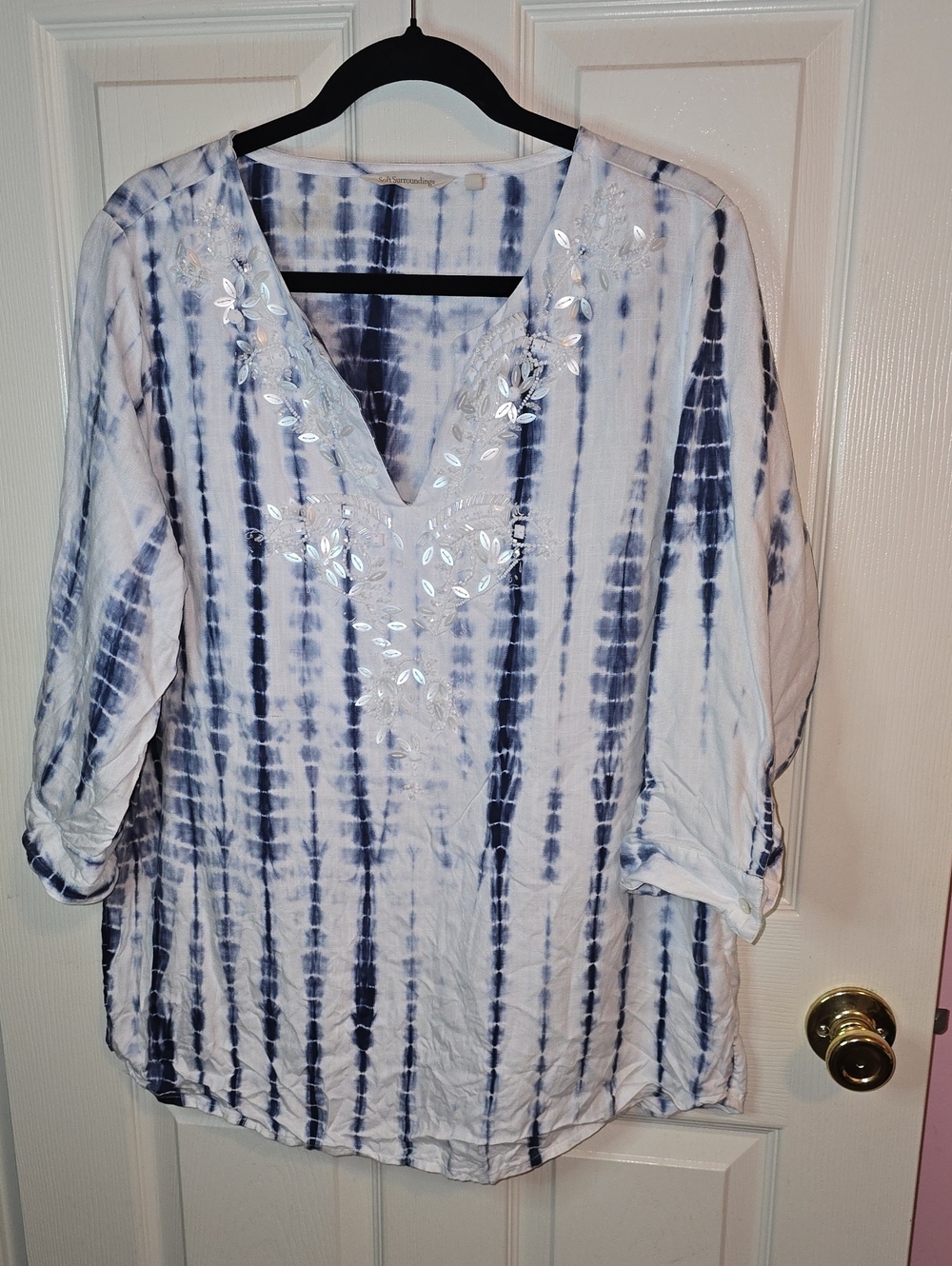Soft Surroundings Blue & White Tie-Dye Embroidered V-Neck Tunic